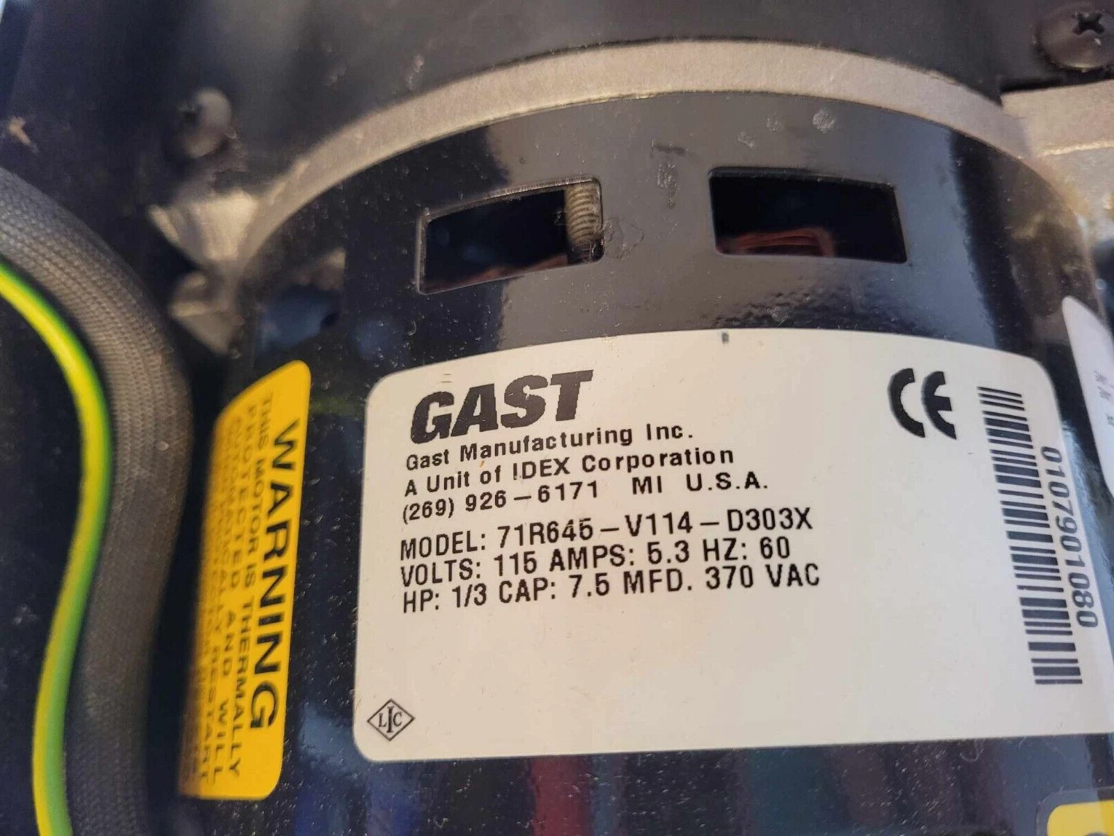 Used Gast 71R645-V114-D303X Piston Pump Fasco Motor 7124-1199 115v 1/3hp Pond Aerator