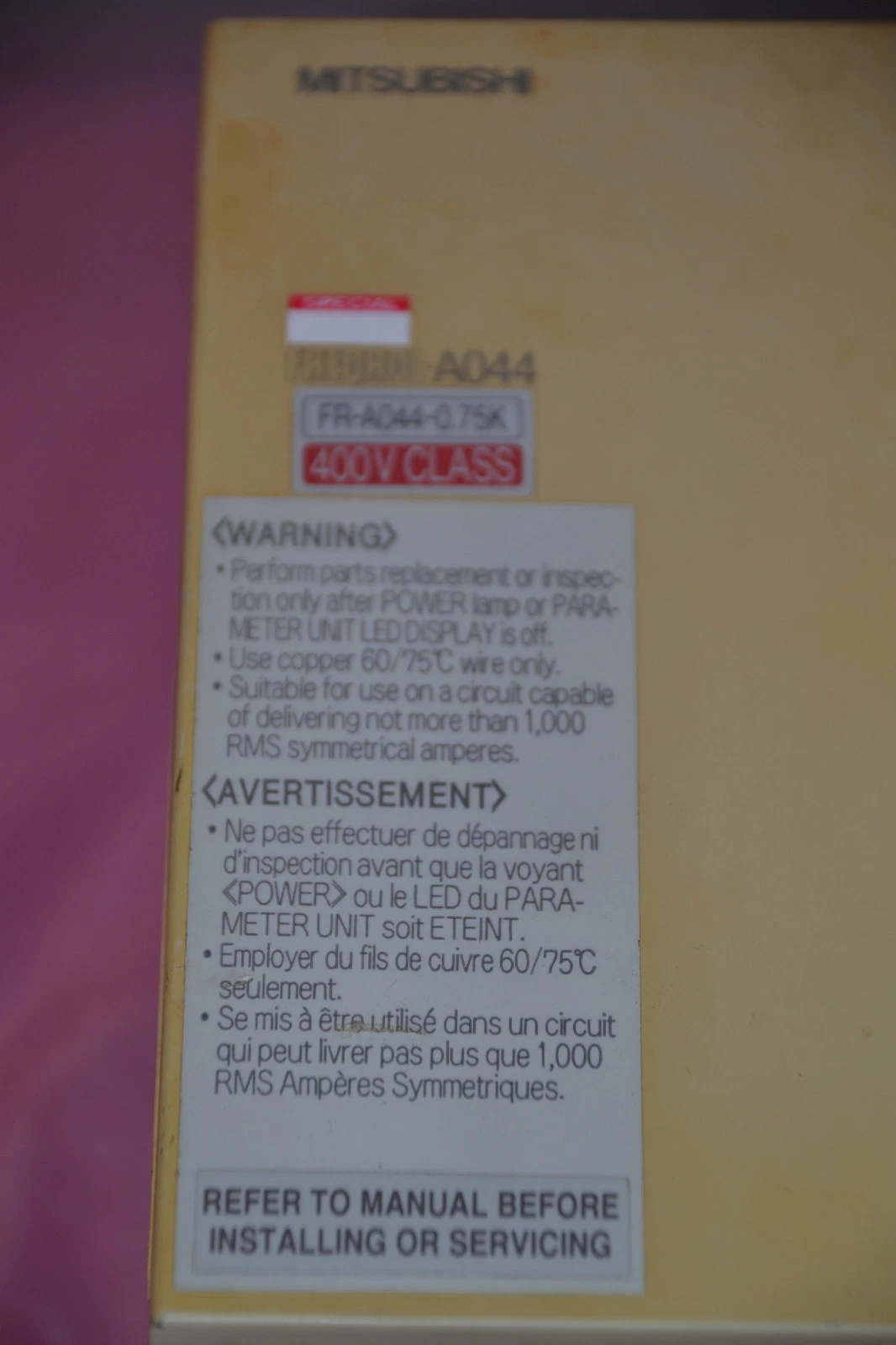 Used MITSUBISHI DRIVE FR A044 0 75K UL FRA044075KUL FR-A044-0.75K-UL 3HP 4.1A 400V