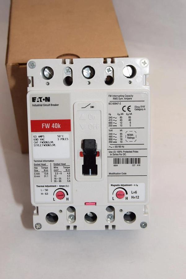 Used Eaton FW3063JVL 63 Amp Ser, C Industrial Circuit Breaker 63A, 690VAC (New)