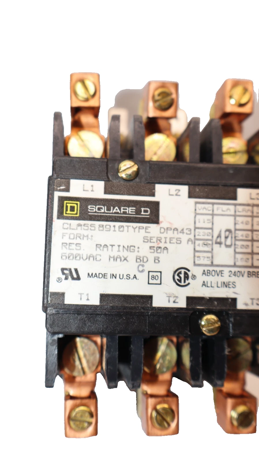 Used Square D Contactor 8910 DPA43 8910-DPA43 8910DPA43 Ser A 50A 208/240/220v coil