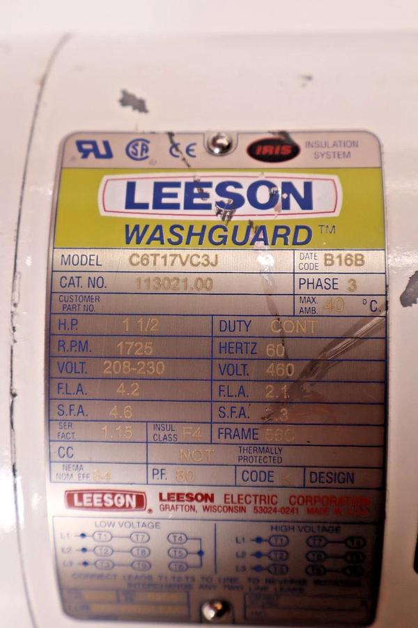 Leeson Washguard Motor C6T17VC3J 113021.00 3ph 1.5hp 208/230/460v NEW-TAKEOUT