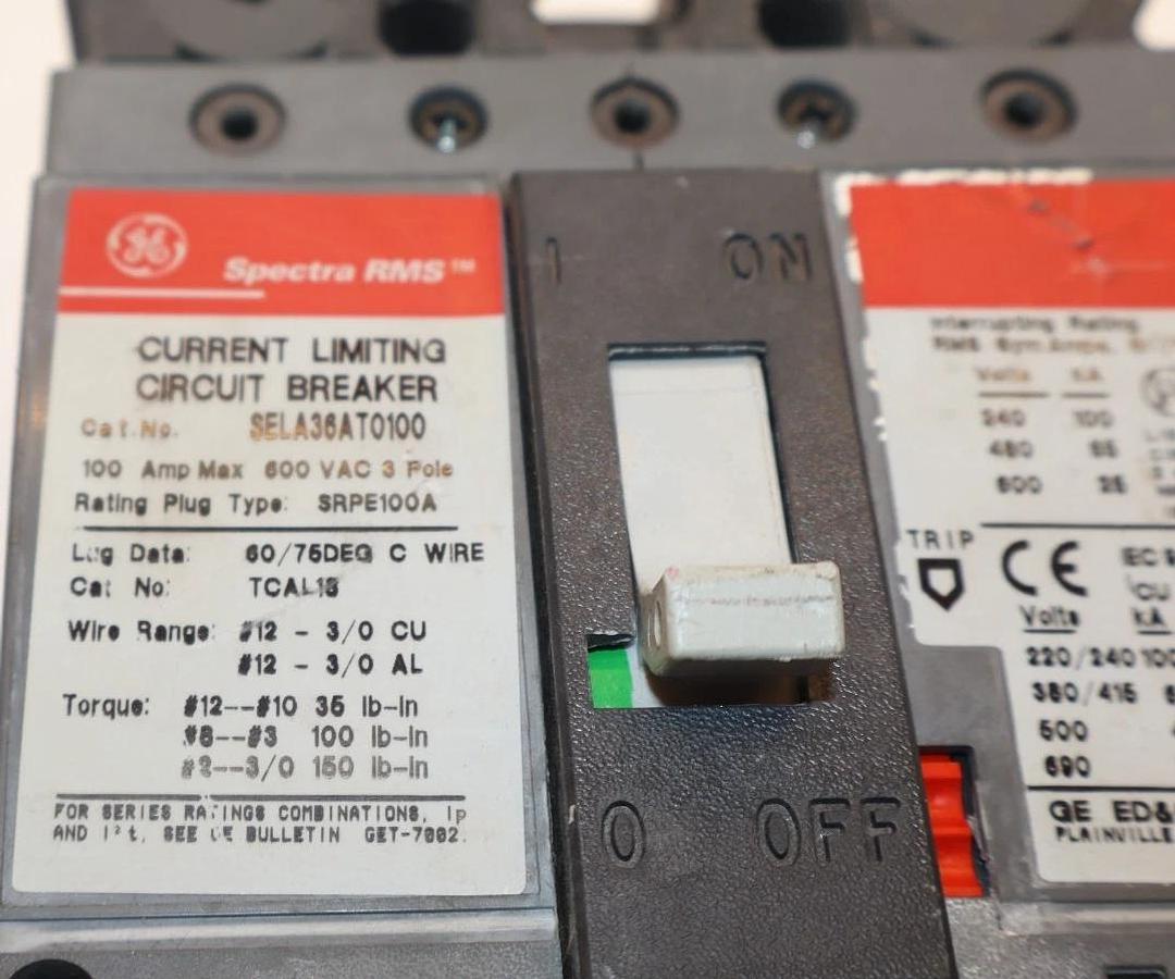 Used GE 100A 100 Amp Spectra Circuit Breaker 600V 3-Pole SELA36AT0100 W/O Plug