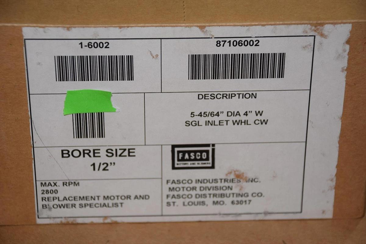 Fasco Galvanized Blower Wheel 1-6002 87106002 5-45/64" x 4" w 1/2" Bore NEW