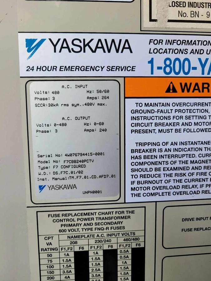 Used Yaskawa Drive F7CBB240PCTV VFD Typ 1 Enclosure Panel CIMR-F7U4132 480v 260a 3ph