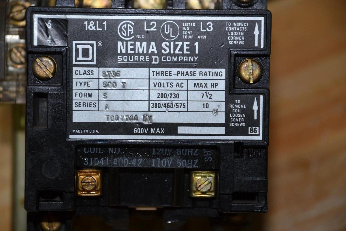 Used SQUARE D 8736 SC0 7 8736SC07 FORM S SERIES A 575V 10HP NEMA SIZE 1 STARTER