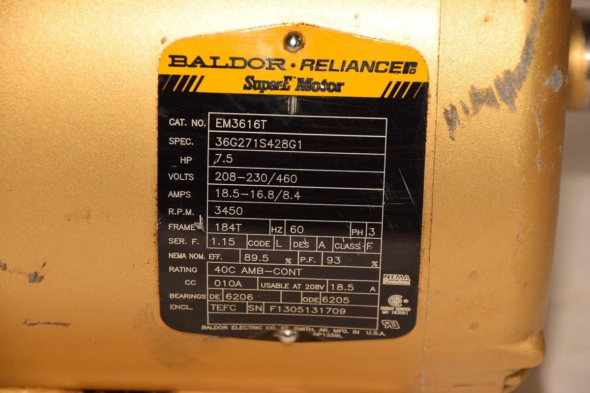Used BALDOR EM3616T 7.5Hp 208-230/460V 18.5-16.8/8.4Amp 3450rpm Super E Motor