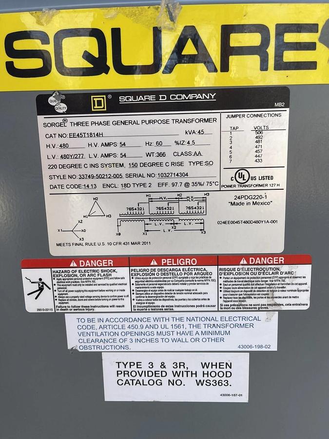 Used Square D  3PH GP Transformer EE45T1814H, 45KVA H.V.480 L.V.480Y/277,  480V 277V