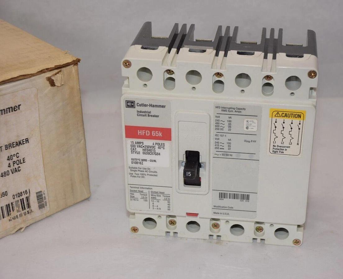 CUTLER HAMMER Circuit Breaker HFD65k HFD4015 15A 15 Amp 600v 4p Therm Mag NEW