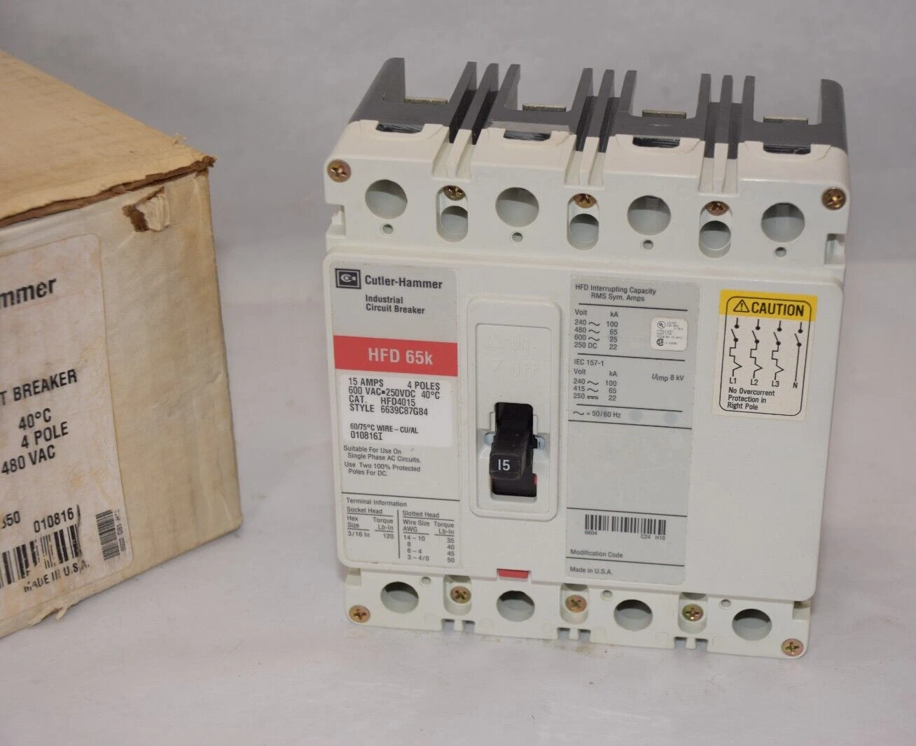 CUTLER HAMMER Circuit Breaker HFD65k HFD4015 15A 15 Amp 600v 4p Therm Mag NEW