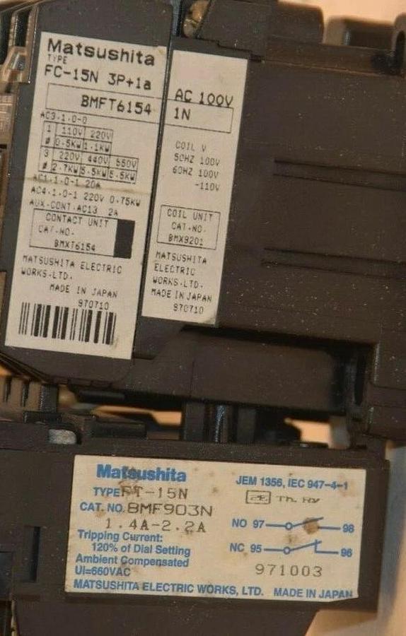 Used MATSUSHITA FC-15N STARTER WITH FT-15N RELAY 1.4A-2.2A 100-110V AC 50/60Hz COIL