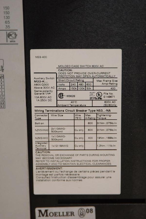Klockner Moeller NS3-400-NA Molded Case Switch  400A 400 Amp