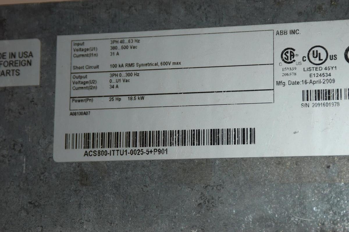 Used ABB 25HP VFD AC Drive 380-500v 3ph  ACS800-ITTU1-0025-5+P901 ACS800 18.5 Kw