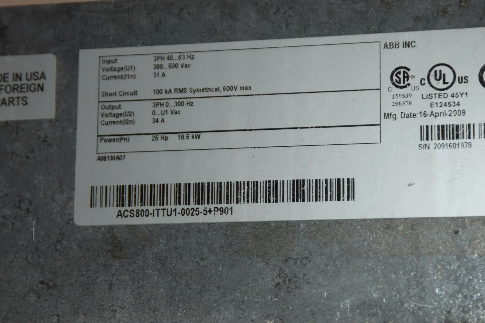Used ABB 25HP VFD AC Drive 380-500v 3ph ACS800-ITTU1-0025-5+P901 ACS800 18.5 Kw
