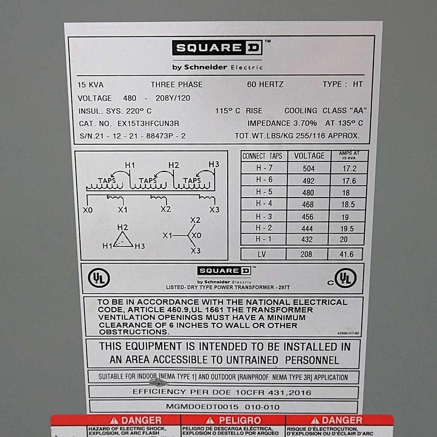 Square D Schneider 15kVA Transformer 480v pri 208Y/120 EX15T3HFCUN3R 15 KVA NEW