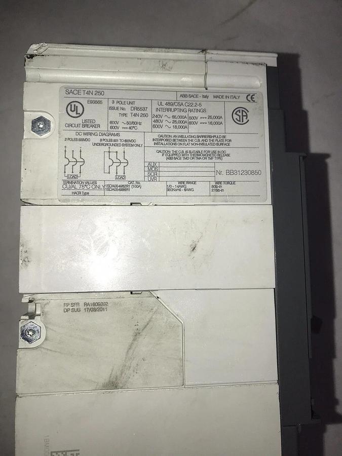 Used ABB SACE T4N 250 250A 3 POLE 600V 50/60Hz CIRCUIT BREAKER SACE T4N250