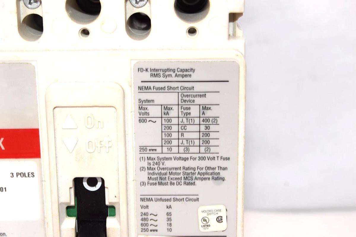 Used Eaton FD3225K Circuit Breaker 225A 225 Amp 3P 600V FD-K w/ shunt trip SNT1RP08K