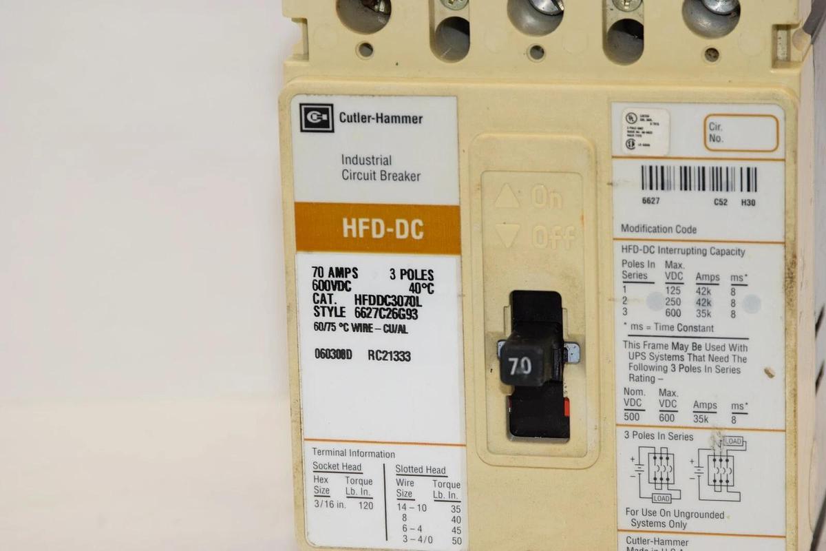 Used CUTLER HAMMER HFDDC3070L 70A 70 Amp 3P 600Vdc Industrial Circuit Breaker
