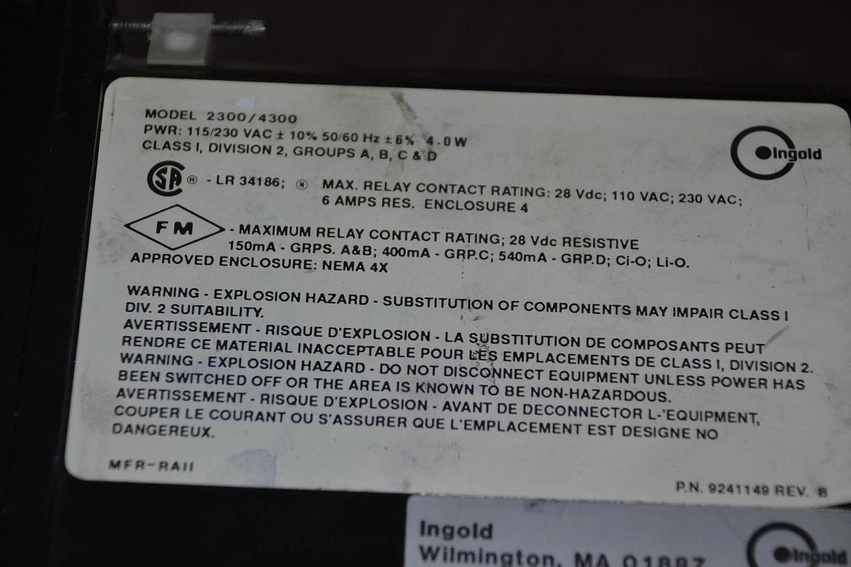 Used INGOLD 4300 4300/2300 2300 DISSOLVED OXYGEN TRANSMITTER 115VAC 0.10A 0.10 AMPS