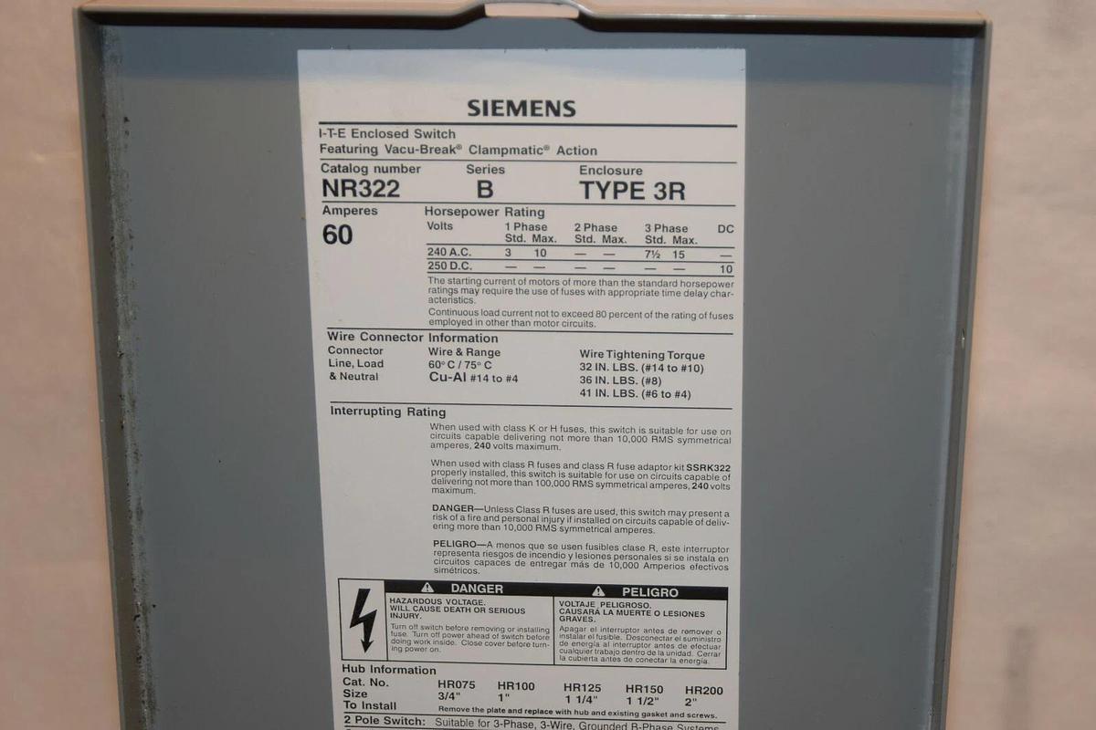 SIEMENS NR322 3R Series B 60A 60 Amp ITE Enclosed Fused Switch (NOS)