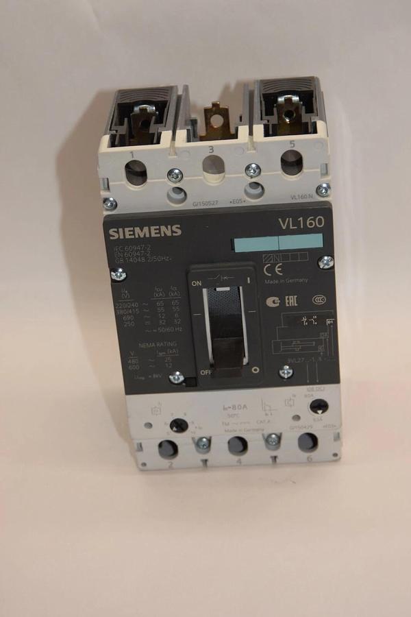 Used Siemens Vl160 80a Circuit Breaker 80 Amp 3VL2716-1AA36-0AA0  3VL9208-7DC30