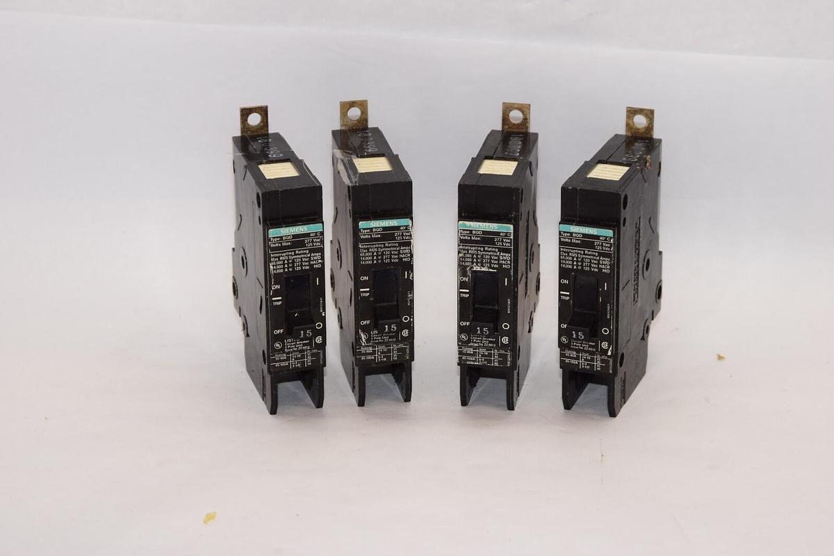 Used (Lot of 4) SIEMENS BQD 15A 15 Amp 277Vac Bolt On Circuit Breaker