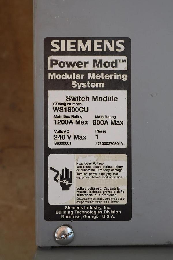 Used Siemens Power Mod 800A Modular Metering System WS1800CU Switch Module 1ph 240v