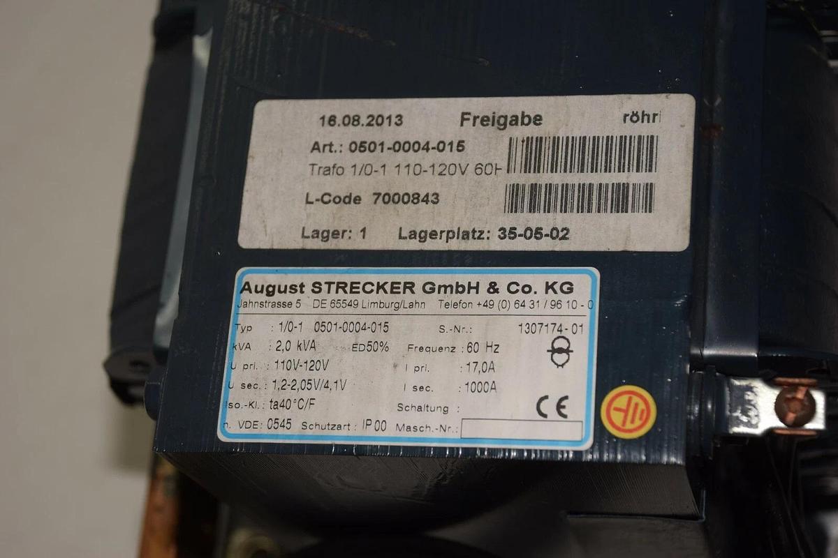 Used AUGUST STRECKER GmbH & CO 1/0-1 0501-0004-015 2,0kVA 110V-120V TRANSFORMER