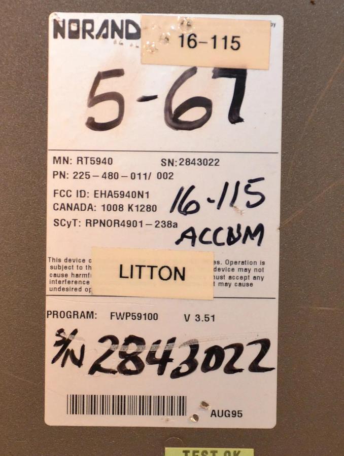 Used NORAND BAR CODE ID STATION WITH ANTENNA RT5940 2843022 225-480-011/002