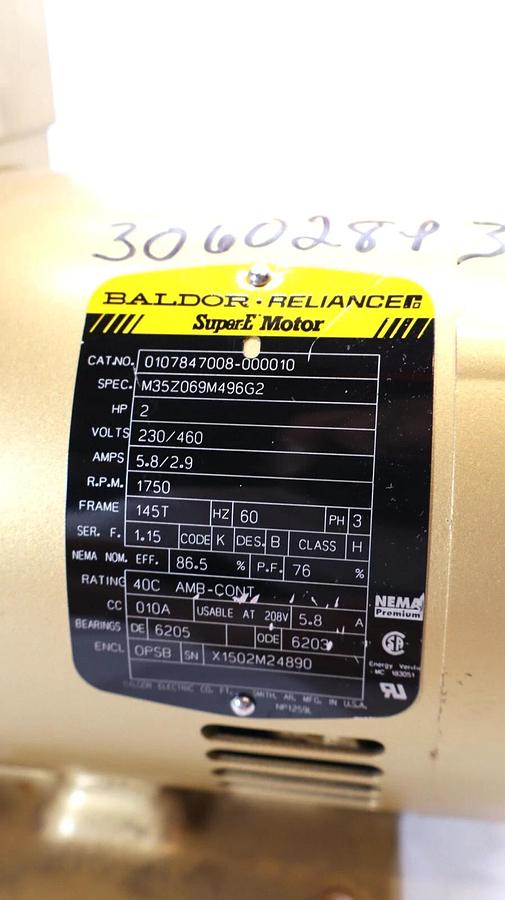 Used BALDOR / RELIANCE M35Z069M496G2 , 2HP , 3ph , 230/460V , 1750rpm Super E Motor