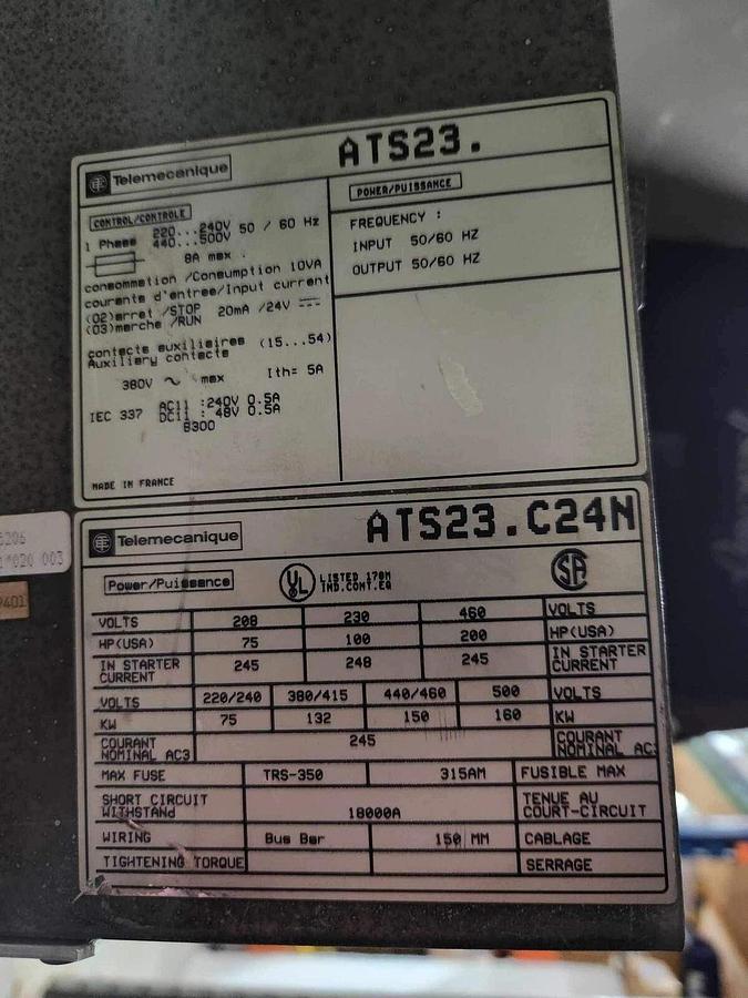 Used Telemecanique, ATS23.C24N, Altistart 3, ATS23, 248A 208/230/460V 75/100/200HP