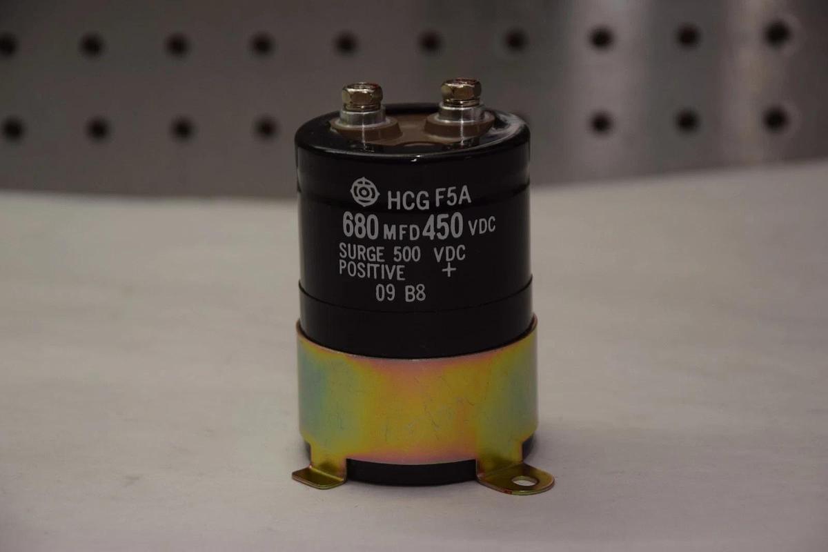 Used HCG CAPACITOR HCG F5A HCGF5A 680 MFD 450 VDC SURGE 500 VDC - USED