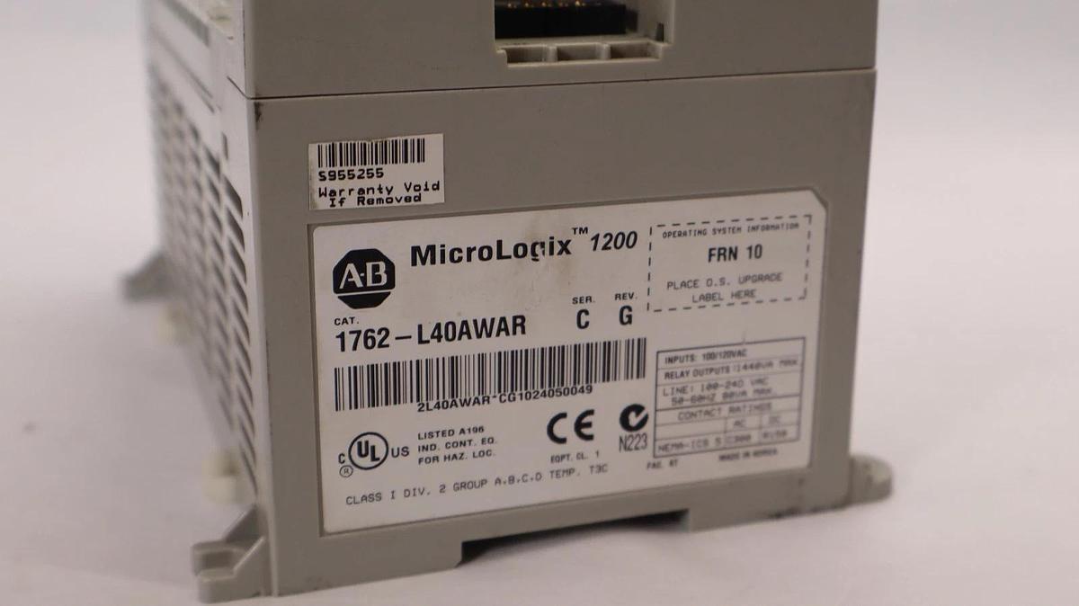 Used Allen Bradley Micrologix 1200 Programmable Controller 1762-L40AWAR Ser. C Rev. G