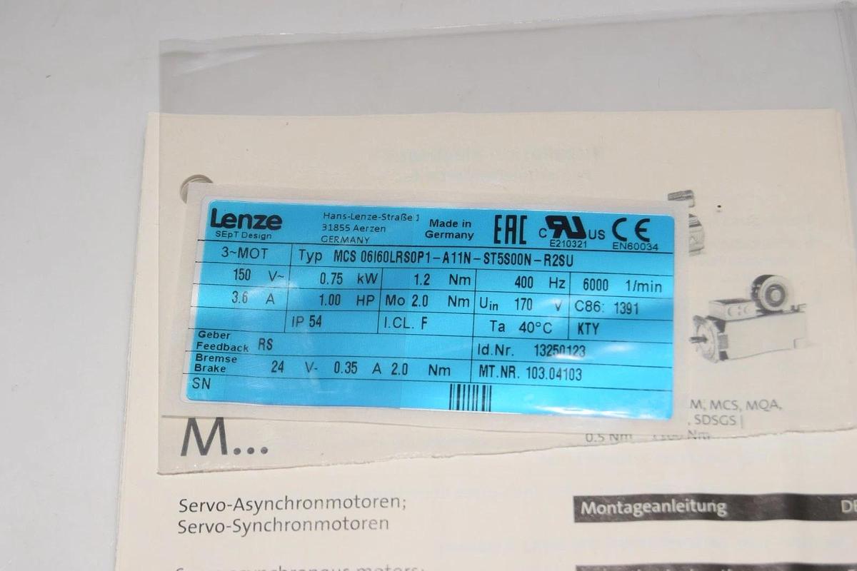 Lenze Servo Motor 1HP MCS 06I60LRS0P1-A11N-ST5S00N-R2SU (New)