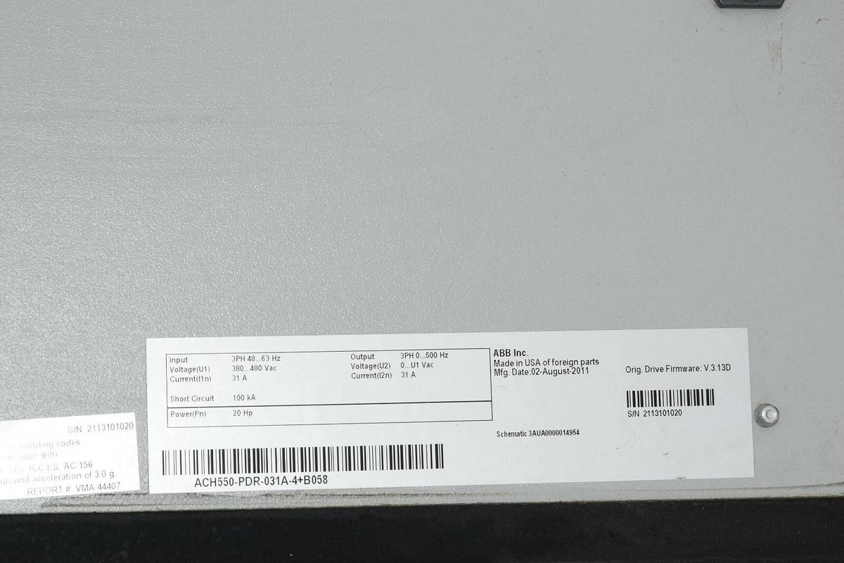 Used ABB ACH550-PDR-031A-4+B058 AC DRIVE  20HP  3ph 380-480 31A