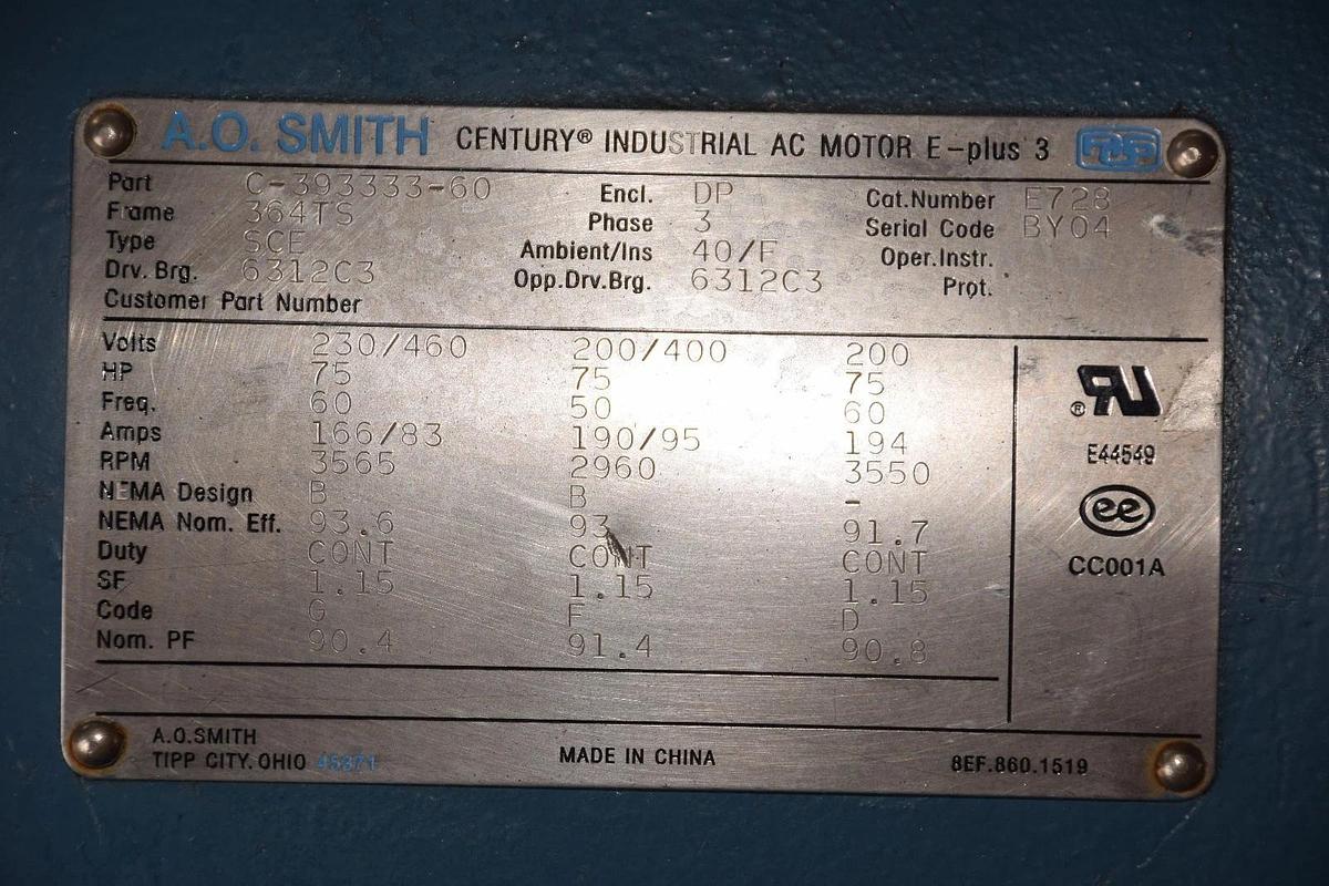NEW AO Smith Motor, 75 HP,C-393333-60, 3565 RPM, 3 Phase, 364TS Frame SCE, E728