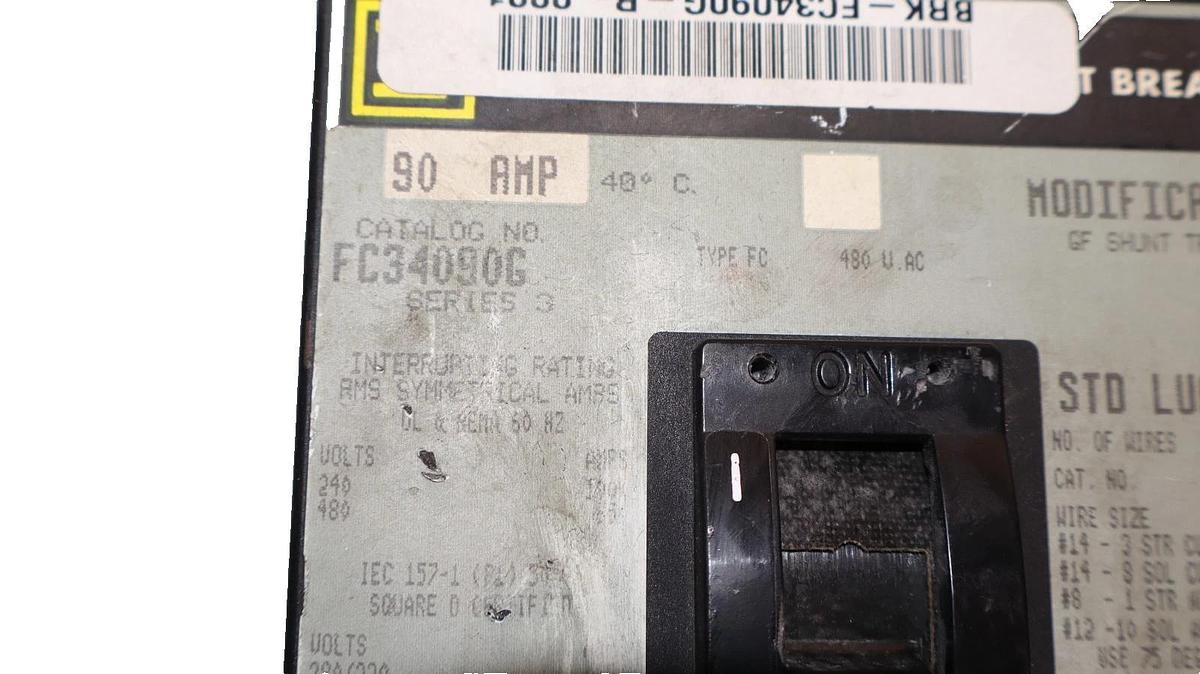 Used Square D 90A 90 Amp Circuit Breaker FC34090G Series 3 Shunt Trip 480VAC