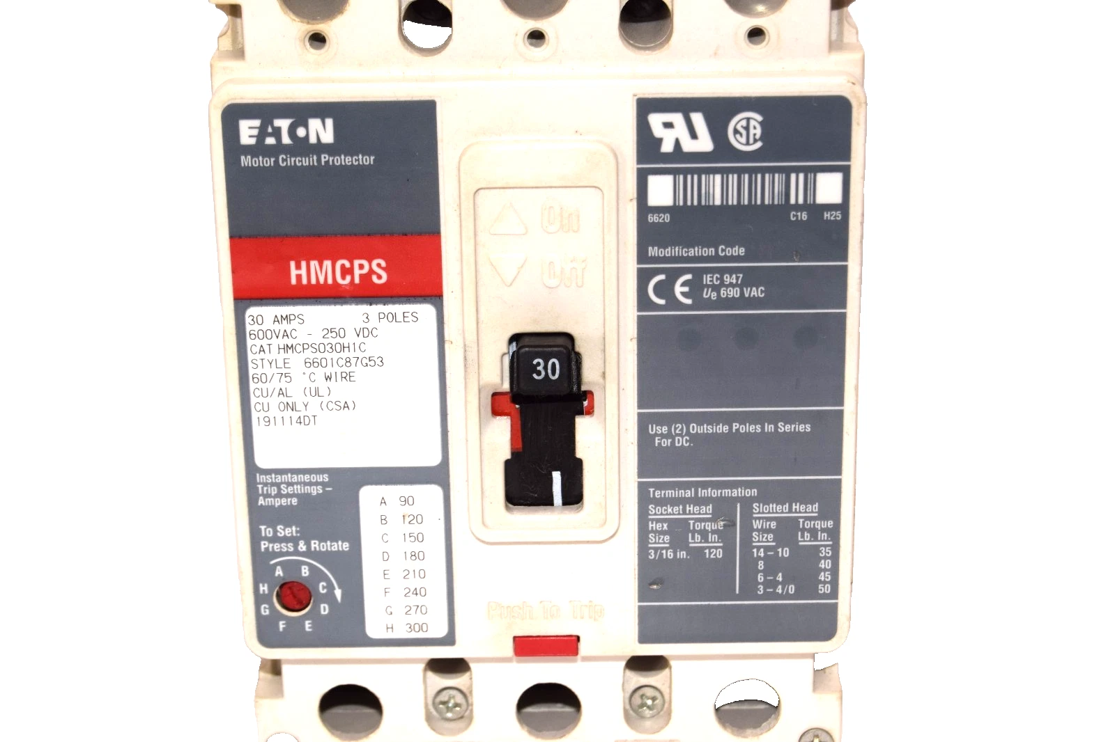 Used Westinghouse 30a Circuit Breaker 3p HMCPS030H1C 600Vac 30amp 30 Amp 3pole