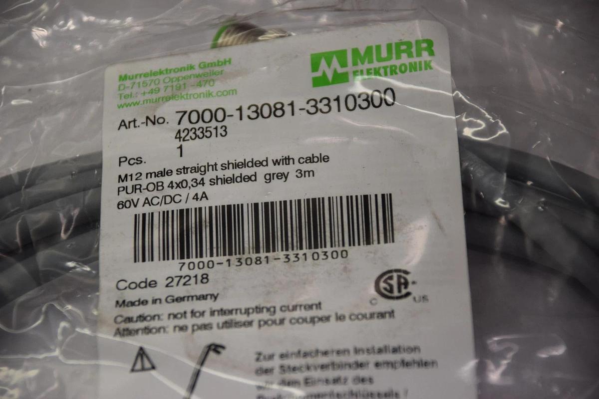MURR ELEKTRONIK Cable 7000-13081-3310300 M12 MALE WITH PUR-OB 4X0,34 (New)