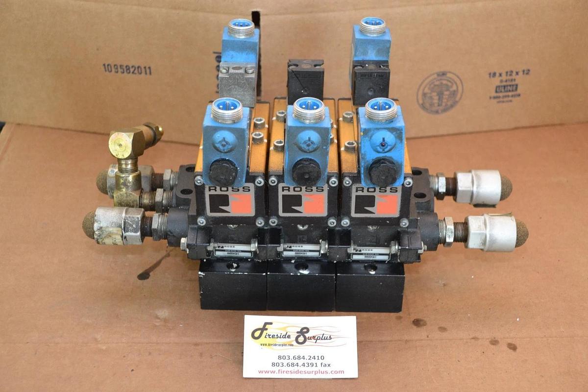 Used Ross Solenoid Valve Manifold (2) W6077B3431 (1) W6076B3437 (3) 665K91 Base