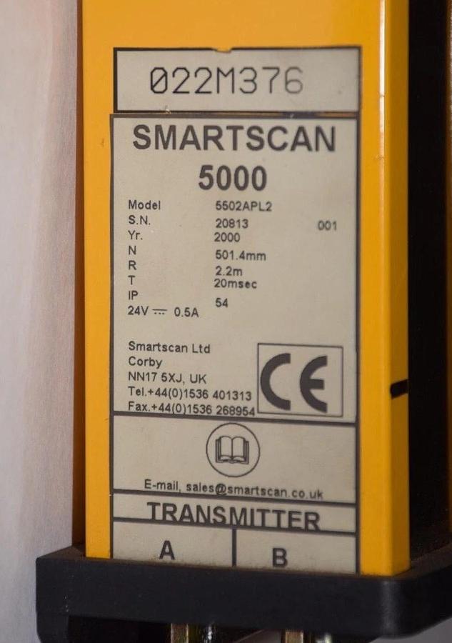 Used SMARTSCAN 5000 INFRARED SENSING LIGHT CURTAIN 5502APL2 Transmitter 022M376 24V