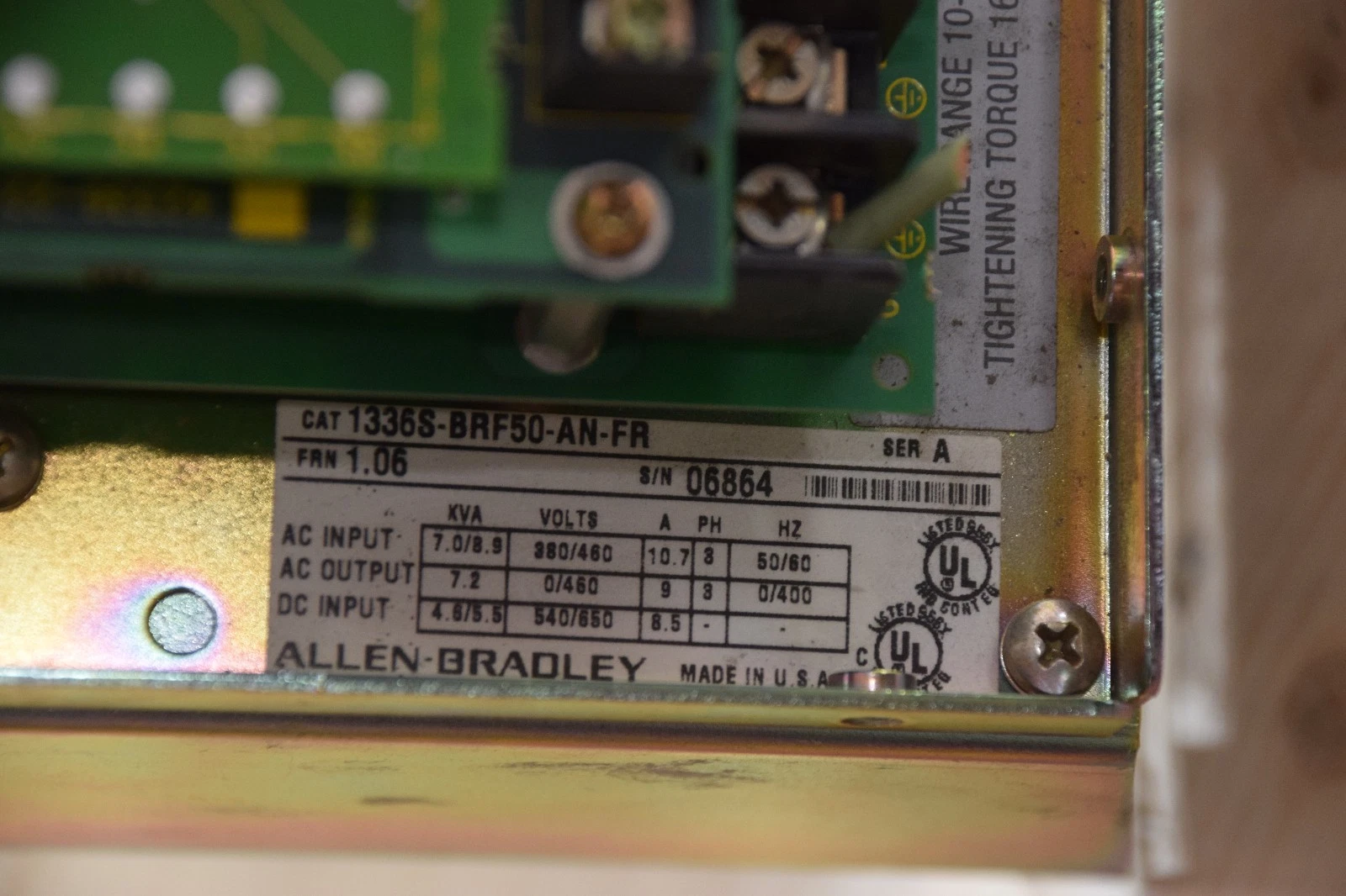 Used ALLEN-BRADLEY 1336S-BRF50-AN-FR Ser. A AC DRIVE 460VAC 5HP 7.2 KVA