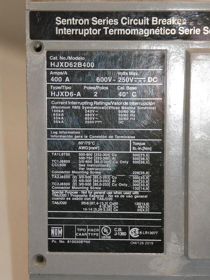 Siemens HJXD62B400 Breaker 2p 2 pole 600v 400a 400 A Amp XJXD6-A 400a trip NEW