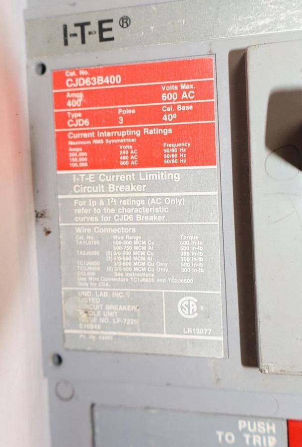 Used Siemens ITE I-T-E Sentron Breaker CJD63B400 400A 400 Amp 600v CJD6 3p 400a Trip