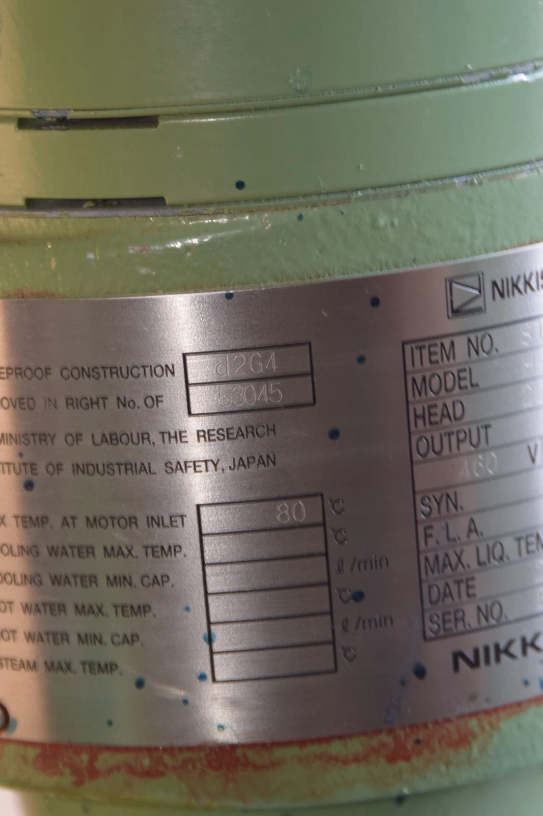 Used Nikkiso Non-Seal Pump Canned Motor HN21A-A1 HN21AA1 Head: 20m .8kw 440v 50 L/min