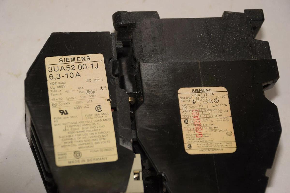 Used SIEMENS 3UA5200-1J 6,3-10A WITH 3 TB4217-0A 3UA52 & 3TB42 500V 30A 3PH CONTACTOR