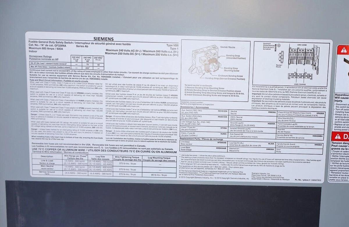 Siemens GF326NA General Switch Fusible Disconnect 600A 600 Amp 3p Typ 1 240v NEW
