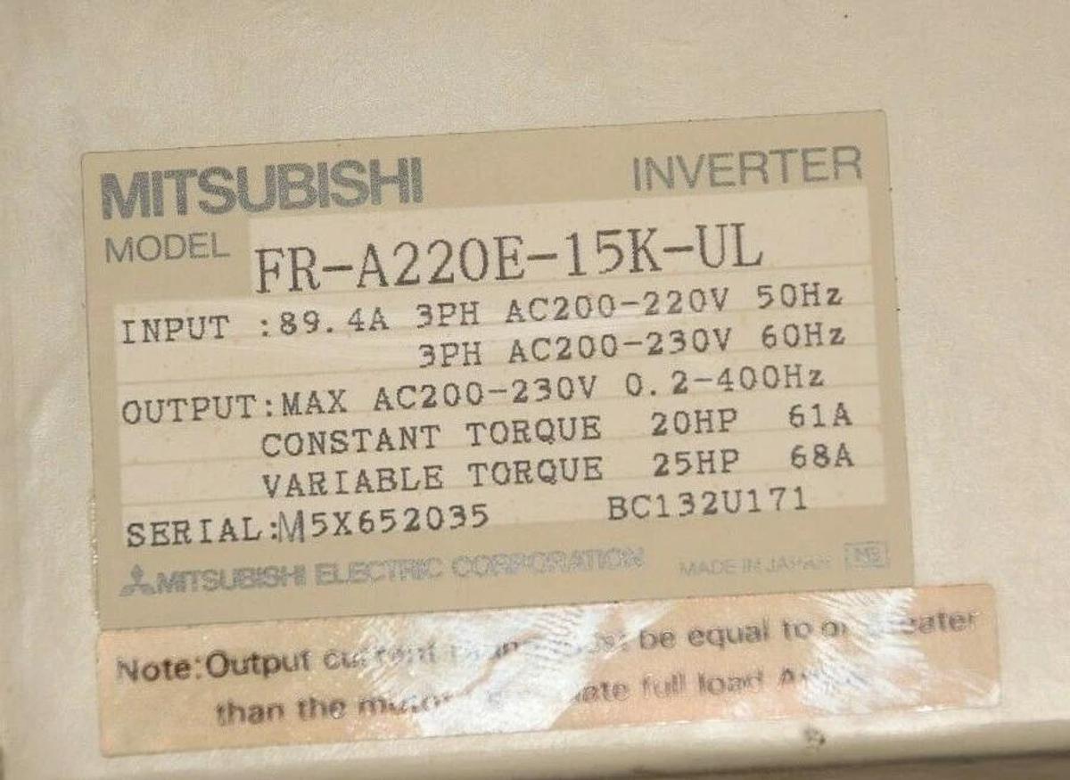 Used Mitsubishi FR-A220E-15K-UL 20HP Freqrol A200 Inverter Drive  FR-A220-15K-TF2
