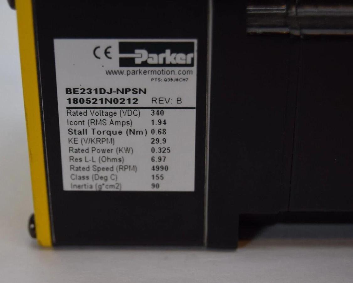 Used Parker Servo Motor BE231DJ-NPSN BE231DJNPSN 180521N0212 340vdc .325kW .325 kW