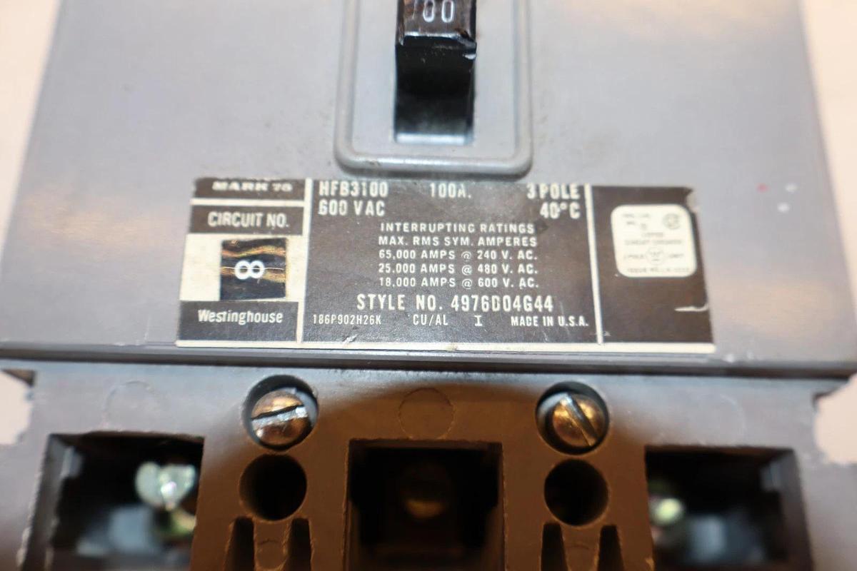 Used Westinghouse Circuit Breaker 100A 100Amp HFB3100 600VAC 3-Pole