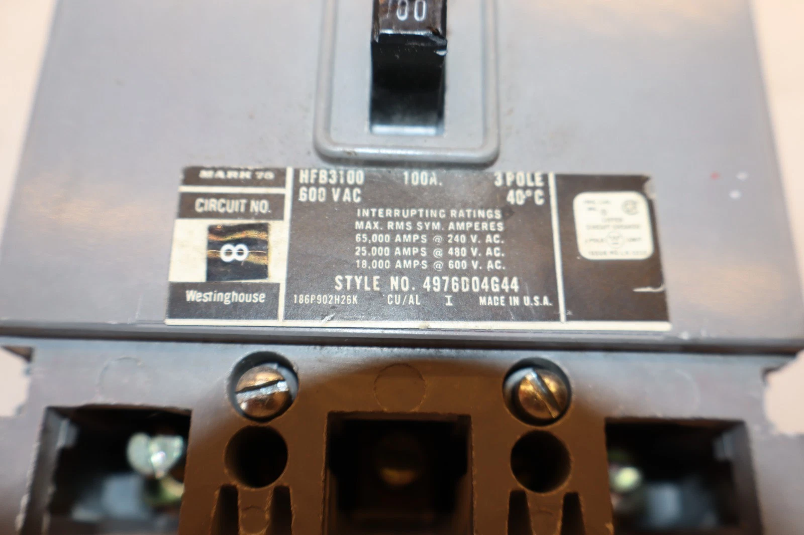 Used Westinghouse Circuit Breaker 100A 100Amp HFB3100 600VAC 3-Pole